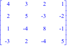 Matrix([[4, 3, 2, 1], [2, 5, -3, -2], [1, -4, 8, -1], [-3, 2, -4, 5]])