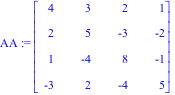 AA := Matrix([[4, 3, 2, 1], [2, 5, -3, -2], [1, -4, 8, -1], [-3, 2, -4, 5]])