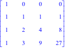 Matrix([[1, 0, 0, 0], [1, 1, 1, 1], [1, 2, 4, 8], [1, 3, 9, 27]])